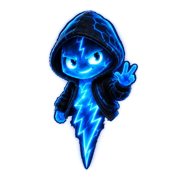 VOLT: a blue lightning character in a dark hood